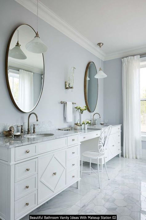 Cool 30+ Beautiful Bathroom Vanity Ideas With Makeup Station Sarah Richardson Home, Mirrors In Bathroom, Circle Mirrors, Beautiful Bathroom Vanity, Design Bathroom Ideas, Sarah Richardson Design, Bathroom Things, Room Vanity Ideas, Bathroom Vanity Decor