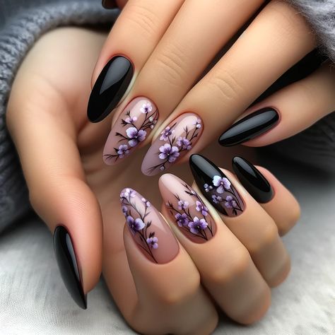 Red Flower Acrylic Nails, What Are Acrylic Nails, Black And Purple Nails, Nail Fashion Trends, Purple Nail Art, Purple Nail Designs, Fancy Nails Designs, Black Nail Designs, Pink Nail