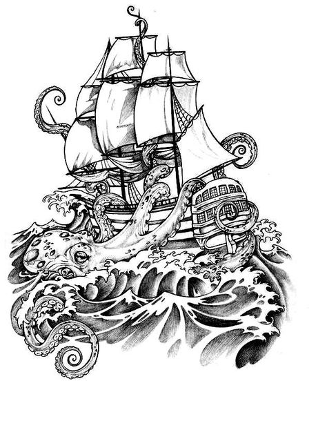 Kraken And Ship, Pirate Ship Tattoos, Kraken Tattoo, Boat Tattoo, Pirate Tattoo, Boat Drawing, Map Tattoos, Ship Tattoo, Tattoo Stencil Outline