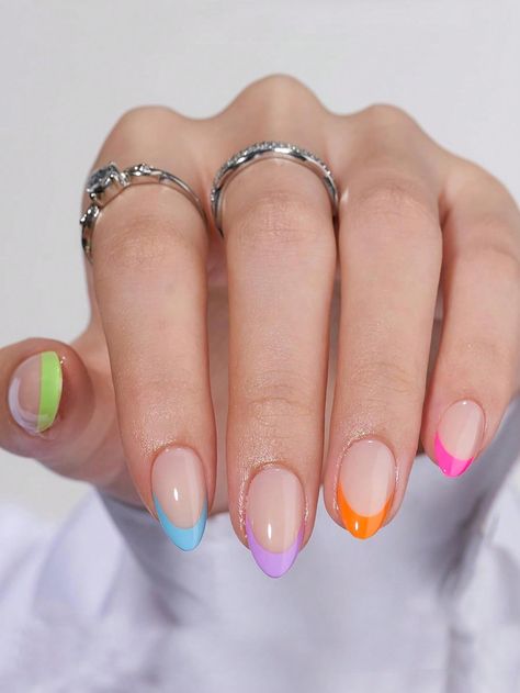 Multicolor  Collar  ABS   Embellished   Beauty Tools Gel French Tip, Rainbow French, Ongles Gel French, Press On Nails Almond, French Tip Press On Nails, Press On Nails Short, Vacation Nails, Neon Rainbow, Nail Forms