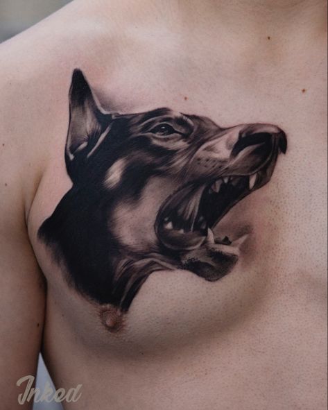 Doberman barking attacking angry realistic realism tattoo dog tatuaje Angry Doberman Tattoo, Dog Barking Tattoo, Angry Dog Tattoo, Doberman Barking, Doberman Tattoo, Tattoo Dog, Angry Dog, Mouth Drawing, Realistic Tattoo