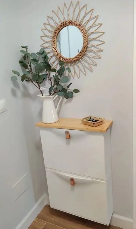 a small IKEA Trones piece with leather pulls and a stained countertop is a lovely idea for a small entryway Ikea Trones, Hack Ikea, Multifunctional Furniture Small Spaces, Diy Bathroom Furniture, Ikea Furniture Hacks, Pallet Furniture Living Room, Diy Furniture For Small Spaces, Diy Apartment Furniture, Furniture Small Spaces