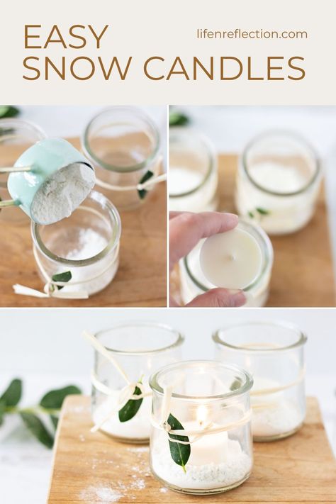 These snow candles are the simplest winter party decoration ever! So, even if you’ve never crafted before, you’ll be able to make these. Tea Light Candles Decorations, Oui Yogurt, Yogurt Jars, Snow Candles, Easy Winter Crafts, Diy Candles Easy, Winter Party Decorations, Winter Diy Crafts, Christmas Scented Candles