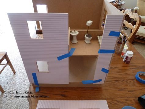 Adding a bathroom to Victoria's Farmhouse at the side access. Foam Board Crafts, Farmhouse Dollhouse, Add A Bathroom, Wood Building, Miniature Dollhouse Furniture, Building Furniture, Wood Scraps, Toy House, House Siding