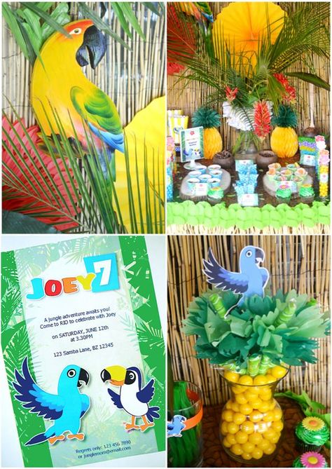 PARTY BLOG by BirdsParty|Printables|Parties|DIYCrafts|Recipes|Ideas: Rio 2 Inspired Birthday Party!! Good. Rio 2 Birthday Party Ideas, Rio Party Decorations, Parrot Birthday Party Ideas, Rio Birthday Party Ideas, Rio Birthday Parties, Jungle Amazon, Brazil Party, Rio Party, Film Rio