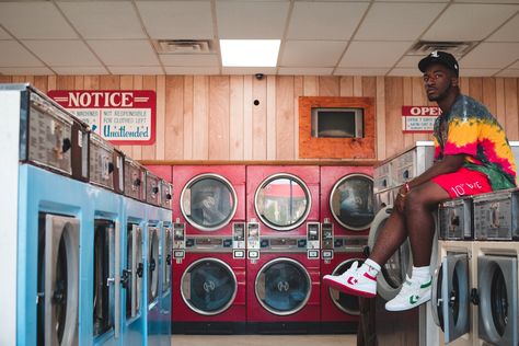 Laundry Mat Photoshoot, Laundromat Photoshoot, Laundry Shoot, Streetwear Photoshoot, Grad Photography, Photography Assignments, Laundry Mat, Creative Photoshoot Ideas, Location Inspiration