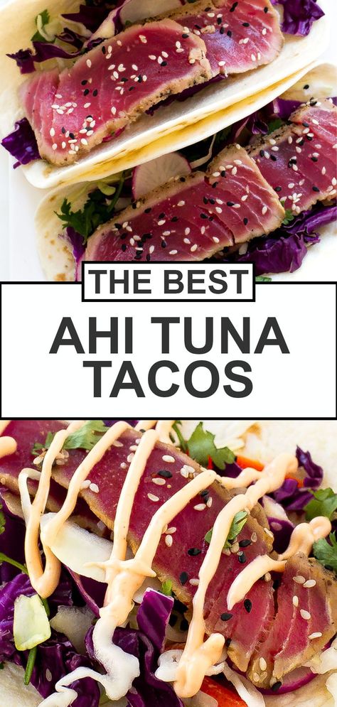 Tuna Tacos Ahi, Seared Tuna Tacos, Ahi Tacos Recipe, Tuna Tacos Recipe, Ahi Tacos, Ahi Tuna Tacos, Tuna Dinner Recipes, Tuna Wraps Recipes, Ahi Tuna Recipe