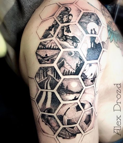 Geometric Soccer Tattoo, Pentagon Tattoo Design, Hexagon Sleeve Tattoo, Hexagon Tattoo Design, Hexagon Tattoos, Soccer Ball Tattoo, Soccer Tattoos, Robot Tattoo, People Black And White