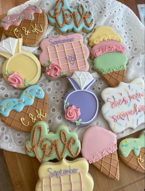 She’s Been Scooped Up Cookies, Scooped Up Bridal Shower Centerpieces, She's Been Scooped Up Bridal Shower Decorations, Ice Cream Bridal Shower Cookies, Bridal Shower Ideas Ice Cream, Ice Cream Bridal Shower Ideas Sundae Bar, Scooped Up Bachelorette, Bridal Shower Ice Cream Bar, Scooped Up Bridal Shower Cookies