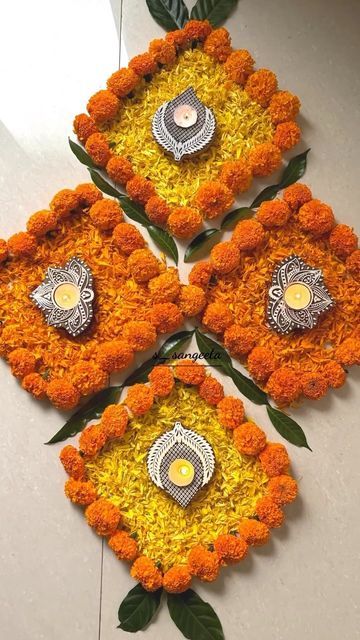 Flower Petal Rangoli Designs, Rangoli From Flower Petals, Rangoli With Flowers Petals, Rangoli Designs With Flowers Petals, Narak Chaturdashi, Floral Rangoli, Choti Diwali, Indian Decoration, Simple Flower Rangoli