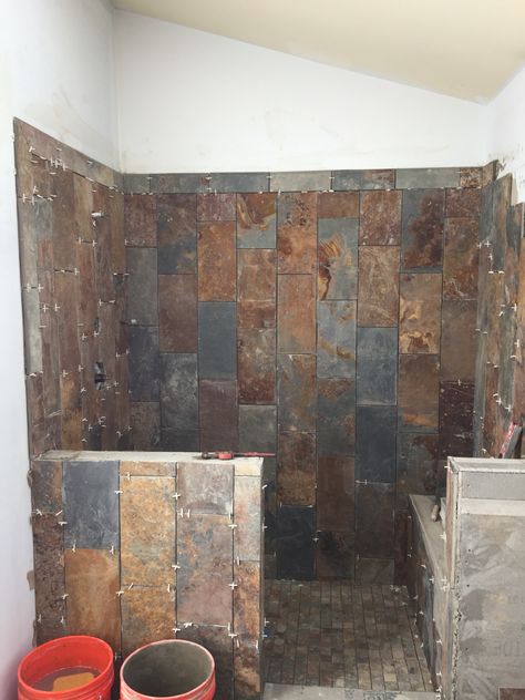 Slate Bathroom Ideas, Slate Tile Bathroom, Slate Shower Tile, Slate Bathroom Tile, Slate Bathroom, Barndo Ideas, Bathroom Remodel Plans, Slate Shower, Master Bath And Closet