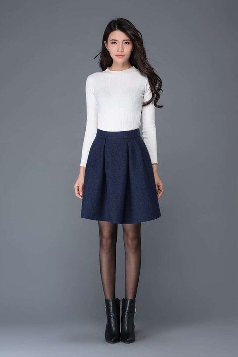 Blue Skirt Winter Outfit, Short Blue Skirt Outfit, Blue Skirt Outfit, Blue Short Skirt, Wool Skirt Outfit, Wool Outfit, Blue Skirt Outfits, Long Wool Skirt, Wool Pleated Skirt