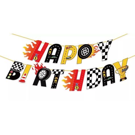 Hot Wheels Decorations Diy, Happy Birthday Para Hombre, Cars Happy Birthday Banner, Racing Theme Birthday Party, Car Balloon, Racing Car Party, Flag Cake Topper, Happy Birthday Hot, Happy Birthday Logo