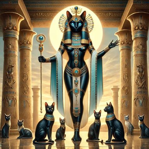 Bastet, one of the most beloved and revered deities in ancient Egypt, was the goddess of home, fertility, protection, and women's secrets. She was often depicted as a lioness or a woman with the head of a domestic cat, symbolizing her dual nature—fierce protector and gentle nurturer. Goddess of Protection and Fertility: Bastet was a protector of homes, mothers, and children, often invoked to safeguard against illness and evil spirits. Her gentle side is symbolized by her association with cats, animals known for both their nurturing and protective instincts. Bastet Goddess Aesthetic, Bastet Goddess Drawing, Bastet Goddess Art, Anubis And Bastet, Maat Goddess, Ancient Egyptian Women, Bastet Tattoo, Cats In Ancient Egypt, Goddess Of Protection