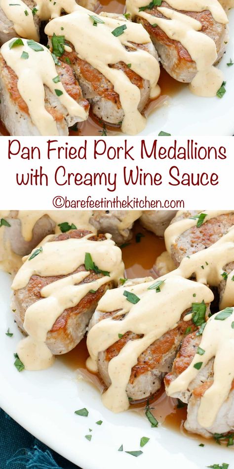 Pan Fried Pork Medallions with Creamy Wine Sauce Creamy Wine Sauce, Pork Medallion Recipes, Fried Pork Tenderloin, Pork Tenderloin Medallions, Pork Medallions, Pork Dinner, Tenderloin Recipes, Pork Tenderloin Recipes, Wine Sauce