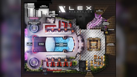 Nightclub Floor Plan, Night Club Dance, Nightlife Club, Cyberpunk 2020, Museum Exhibition Design, Dj Dance, Nightclub Design, Pool Lounge, Reno Nv