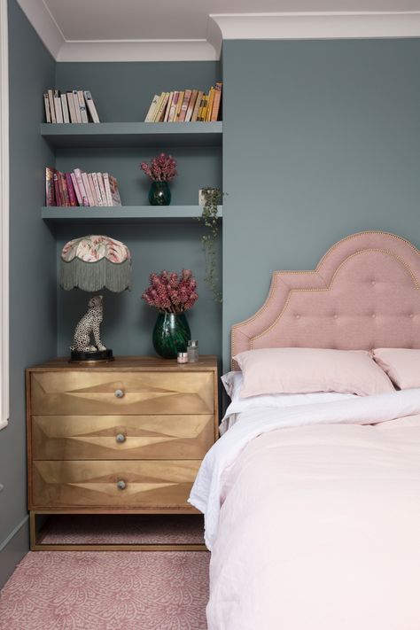 The Pink House bedroom reveal Blue And Pink Bedroom, Dix Blue, The Pink House, Pink Headboard, Oval Room Blue, Alternative Flooring, Bedroom Reveal, Pink Bedroom Decor, Room Blue