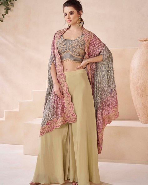 Real Georgette Shrug Style Sharara Choli https://www.urmifashion.com/salwar-kameez/sharara-suit #suit #suits #salwarkameez #anarkalisuits #partywearsuits #designersuits #festive #festivewear #festivecollection #onlinestore #indianclothing #clothingstore #clothing #clothingforwomen #fashionstyle #shopping #ethnicwear #womenclothing #partywear #designer #trending #onlineshopping #onlineshoppingindia #indianfashion #indianshopping #ethnic #ethnicfashion #sharara #shararasuit #plazzo Suit With Shrug, Beige Crop Tops, Readymade Salwar Kameez, Lehenga Choli Wedding, Western Suits, Palazzo Suit, Lehenga Style, Sharara Suit, Cape Style