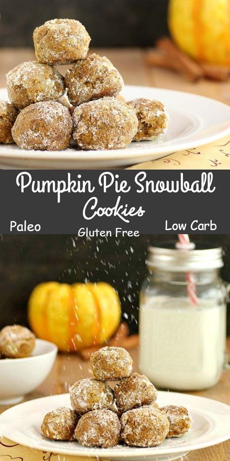 Pumpkin Pie Snowball Cookies - Paleo, gluten free and low carb. Oh, so  very yummy!! via @staceyloucraw Easy Low Carb Meals, Snowball Cookie Recipe, Low Carb Meals, Gluten Free Cookie Recipes, Paleo Cookies, Meals Ideas, Snowball Cookies, Paleo Sweets, Low Carb Treats