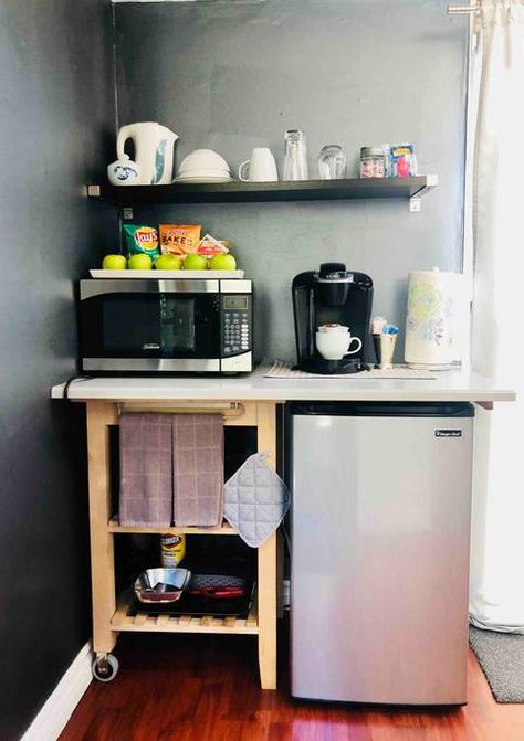 Mini Kitchen Bedroom, Diy Dorm Kitchenette, Dorm Kitchenette Ideas, Guest Suite With Kitchenette, Small Kitchenette Ideas Guest Suite, Mini Kitchen For Dorm, Dorm Room Kitchenette, Bedroom Kitchenette Ideas, Hotel Room With Kitchenette Layout