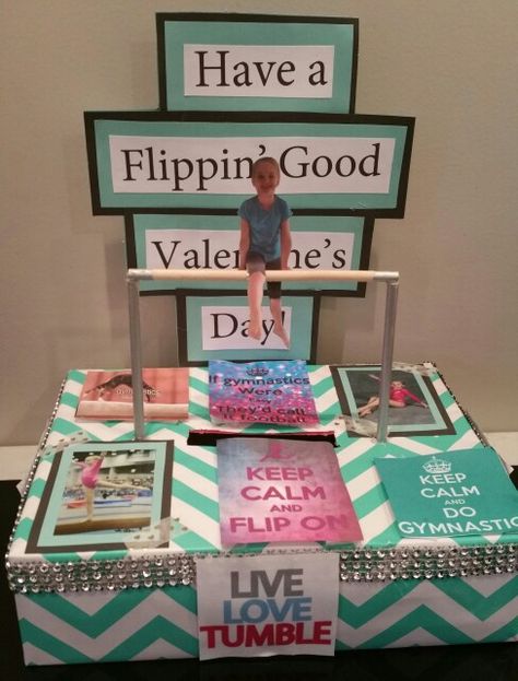 Gymnastics Valentine's Day Box Gymnastic Valentines Box Ideas, Dance Valentine Box Ideas, Volleyball Valentines Day Boxes, Gymnastics Valentines Day Boxes, Dancer Valentines Box Ideas, Roller Skate Valentines Boxes, Basketball Hoop Valentine Box Kids, Gymnastics Valentines, Gymnastics Crafts