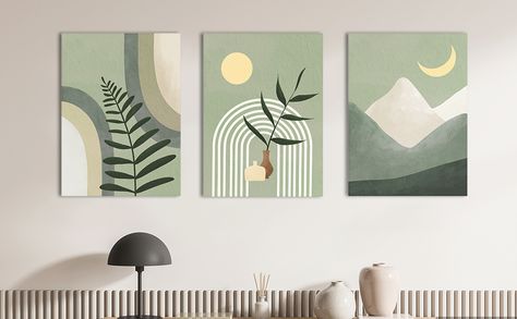 Gisipameis Framed Boho Wall Art Set of 3, Canvas Print Mid-Century Modern Wall Decor 12"x16" Minimalist Botanical Geometric Abstract Modern Neutral Boho Room Decor Wall Art for Bathroom, Bedroom Boho Art Set Of 3, Green Wall Art Living Room, Set Of 3 Canvas Painting Ideas, Boho Wall Art Set, Boho Canvas Art, Mid Century Modern Wall Decor, Boho Frame Wall, Geometric Leaf, Living Room Canvas Art