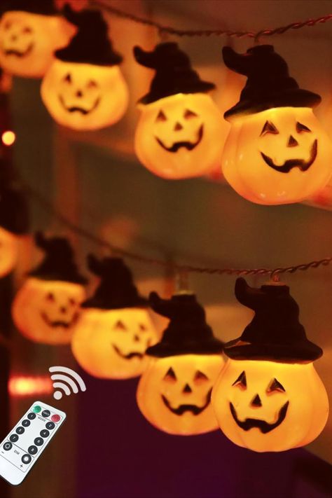 20 LED Large Size Pumpkin String Lights with Wizard Hats - The set of 20LED 3D orange Jack-O-Lantern pumpkin Halloween string lights brighten up your house, perfect for dressing up Halloween theme parties, carnival and other special events. Each pumpkin witch hat light measures 2.8in x 2in. Click the link for more. Outdoor Decor Party, Halloween Led Lights, Scene Setters, Skull Pumpkin, Halloween Eyeballs, Flickering Lights, Indoor String Lights, Pumpkin Theme, Led String Lights