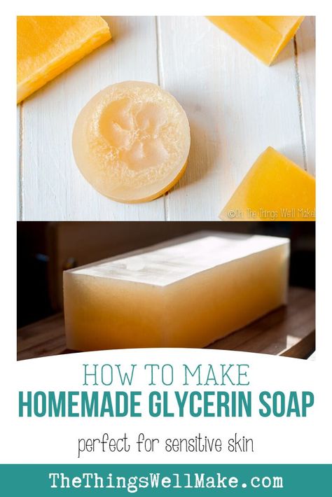 Perfect for those with sensitive skin, this homemade glycerin soap recipe makes a hard bar of soap that lathers nicely while gently cleansing and moisturizing your skin. This homemade glycerin soap recipe makes a hard bar of soap that lathers nicely while gently cleansing and moisturizing your skin.  Click to learn how to make your own glycerin soap! #thethingswellmake #DIY #handmadesoap #soaprecipe Glycerine Soap Recipes, Desserts For Sale, Glycerin Soap Recipe, Easy Homemade Desserts, Glycerine Soap, Easy Soap Recipes, Soap Display, Bar Of Soap, Soap Recipe