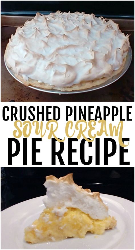 This easy Pineapple Sour Cream Pie is creamy and refreshing! A homemade pineapple and sour cream custard that is covered with a sweetened meringue and baked until golden brown. Pineapple Sour Cream Pie, Pineapple Cream Pie Recipe, Pineapple Sour, Pineapple Ice Cream Recipe, Sour Cream Pie, Pudding Pie Recipes, Coconut Ice Cream Recipes, Cream Cheese Recipes Dip, Cream Cheese Sandwiches