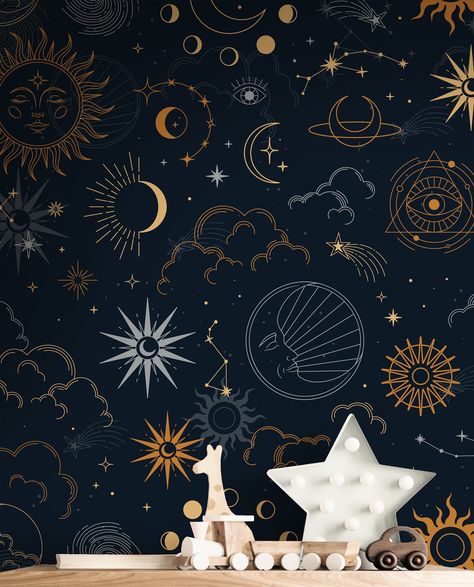 Boys Nursery Wallpaper, Wallpaper Boys Room, Space Wall Mural, Nursery Wallpaper Boy, Childrens Wallpaper, Wallpaper Boys, Dark Boho, Wallpaper Kids, Boho Space