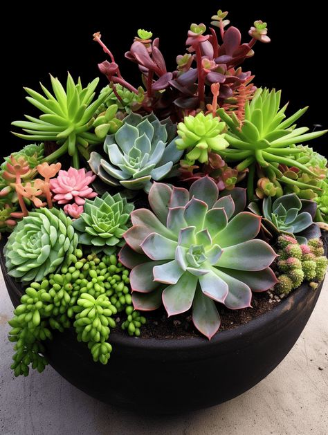 Vibrant Echeveria, Sedum, and Aeonium Arrangement Succulent Garden Diy Indoor, Kaktus Dan Sukulen, Container Gardening Ideas, Container Garden Ideas, Succulent Bowls, Succulent Garden Design, Succulent Landscaping, Bowl Planter, Mediterranean Plants