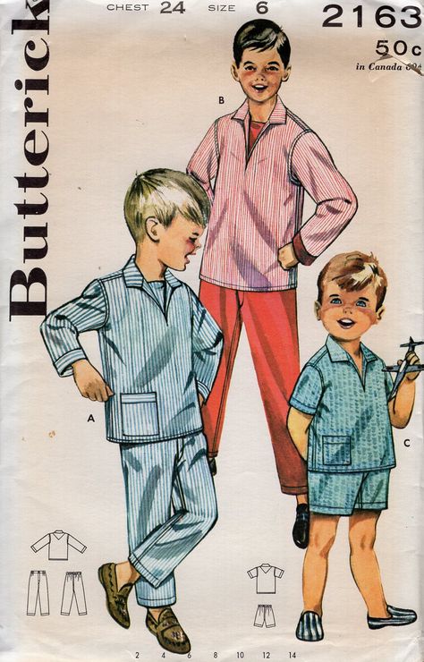 Boys Sewing Patterns Free, Pyjamas Pattern, Pajama Sewing Pattern, 60s Boys, Pjs Shorts, Contrast Pants, Sewing Pattern Free, Boys Sewing Patterns, Vintage Dress Blue