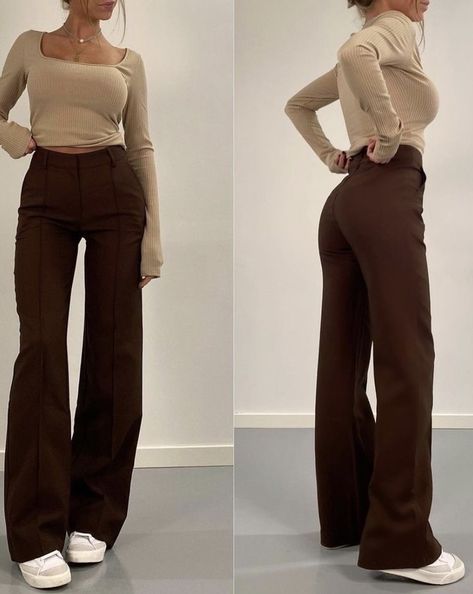 Cafe Work Outfit, Skirt Outfits For Petite Women, Winter Outfits Brown Pants, Medium Size Outfits Woman, Brown Pants Winter Outfit, Brown Pant Outfits For Women, Outfit Con Pantalon Cafe, Winter Sixth Form Outfits, Brown Pants Outfit Winter