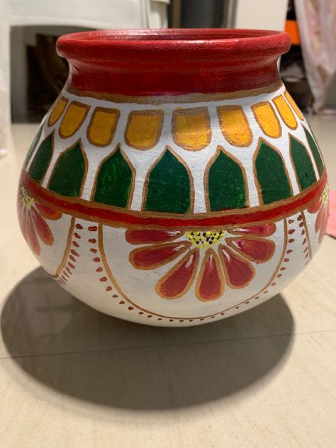 #matka #Indiandesign #babyshower #acrylic paints#earthernpot #DIY Sankranthi Pot Painting, Traditional Pottery Painting, Pot Painting Designs Indian, Clay Pot Colouring Ideas, Krishna Pot Painting, Pottery Painting Ideas Easy Flower Pots, Indian Pottery Designs, Traditional Pot Painting, Indian Pot Painting