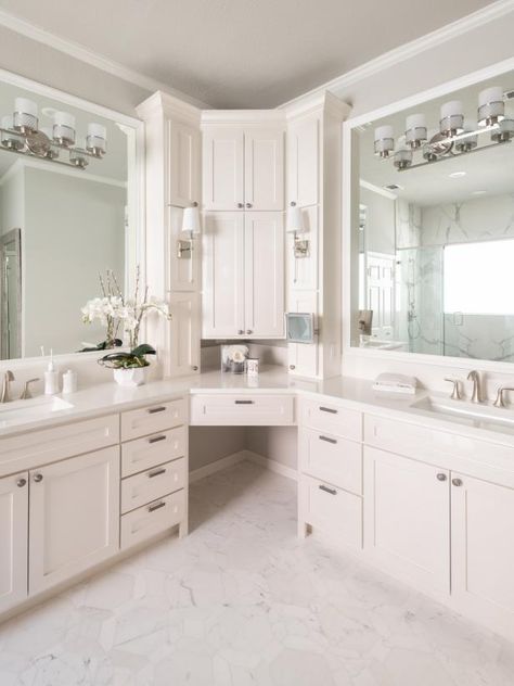 Check out this unique corner double vanity bathroom on HGTV.com. Corner Double Vanity Bathroom, Corner Double Vanity, L Shaped Bathroom Vanity, Corner Cabinet Ideas, Bathroom Corner Cabinet, Master Addition, Corner Bathroom Vanity, Vocal Cords, Corner Bathroom