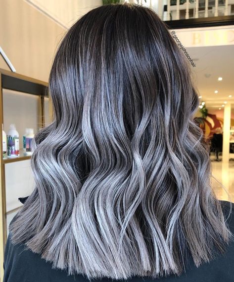 40 Bombshell Silver Hair Color Ideas for 2020 - Hair Adviser Silver Hair Highlights On Brown Hair, Metallic Silver Hair, Gray Transition, Dark Silver Hair, Brown Hair With Silver Highlights, Silver Hair Shampoo, Metallic Hair Color, Silver Blue Hair, Silver Hair Dye