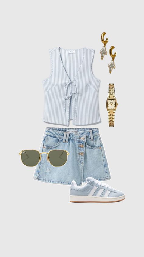 "Get inspired for summer with this trendy outfit! Featuring a light blue pinstriped shirt adorned with bows, a chic denim skort, stylish gold jewelry, and blue Adidas Gazelles. Perfect for a fresh, fashionable look. #SummerStyle #OutfitInspo #TrendyFashion" Adidas Gazelles, Skort Outfit, Girls Clothing Stores, Ny Outfits, Denim Skort, Timeless Outfits, Denim Chic, Cute Preppy Outfits, Trendy Summer Outfits