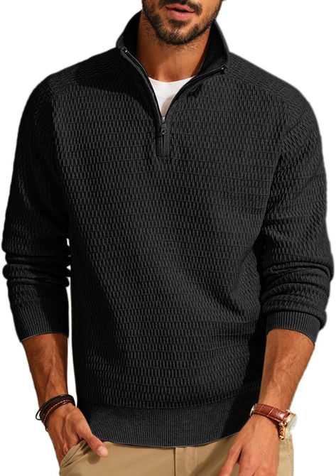 Price: $39.99 Brand: PJ Paul Jones Product: Men's Quarter-Zip Sweater  Upgrade your wardrobe with this sleek Quarter-Zip Sweater from PJ Paul Jones. This pullover is perfect for layering or wearing on its own, featuring a textured knit design and a comfortable slim fit. The mock neck and long sleeves add a modern, polished touch to your outfits.  I earn a small commission at no extra cost to you  #MensWardrobeEssentials #CasualStyle #QuarterZipSweater #PJPaulJones #MensFashion #LayeringStyle Zip Sweater Men Outfit, Sweater Men Outfit, Quarter Zip Outfit Men, Quarter Zip Outfit, Mens Quarter Zip Sweater, Sweater With Zipper, Mens 1/4 Zip, Casual Pullover Sweater, Short Zipper