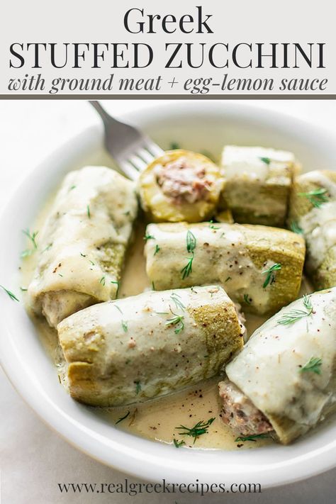 Ground Beef Stuffed Zucchini, Zucchini Stew, Stuffed Zucchini, Greek Cooking, Greek Dishes, Lemon Sauce, Cabbage Rolls, Seitan, Zucchini Recipes