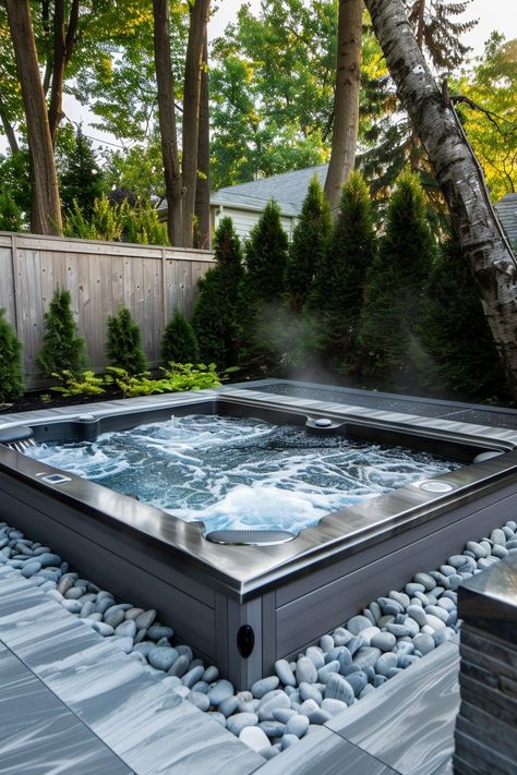 Outdoor Living Hot Tub, Patio Layout With Hot Tub, Big Hot Tub, Large Hot Tub Ideas Backyard, Hot Tub And Fire Pit Patio, Above Ground Hot Tub Ideas, Built In Hot Tub, Backyard Hot Tub Ideas, Pool Edging