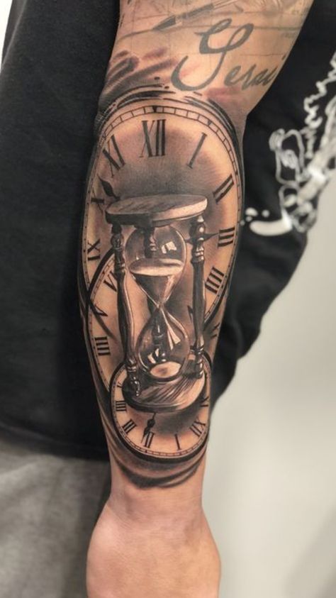 Hourglass Clock Tattoo Design, Hour Glass Tattoo Men Forearm, Hourglass Sleeve Tattoo, Sand Timer Tattoo Design, Time Glass Tattoo, Hour Glass Tattoos For Women, Father Time Tattoo, Hourglass Tattoo Men, A Name Tattoo