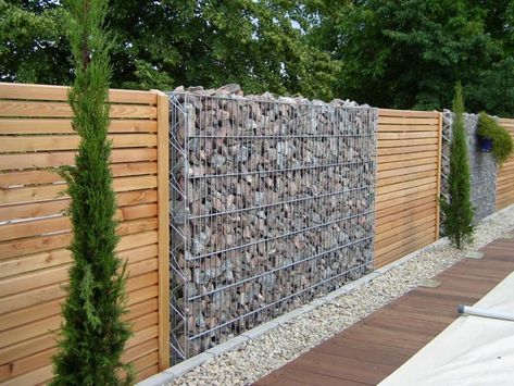 mur en gabion, clôture en bois et cyprès dans le jardin contemporain Gabion Fence, Fence Stain, Natural Fence, Benefits Of Gardening, Gabion Wall, Fencing Ideas, Garden Ideas Cheap, Types Of Fences, Front Yard Fence