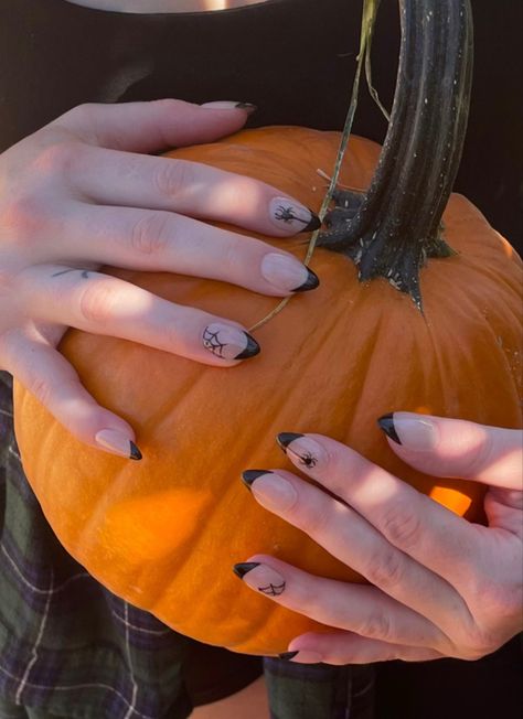 Black french tip with spider accent nails #blacknails #frenchnails #nails #nailart #spider #halloweennails #halloween #gothicstyle Black French Tip, Black French Tips, Black French, Gel Nail Designs, Accent Nails, Nails Nailart, Black Nails, Trendy Nails, French Nails