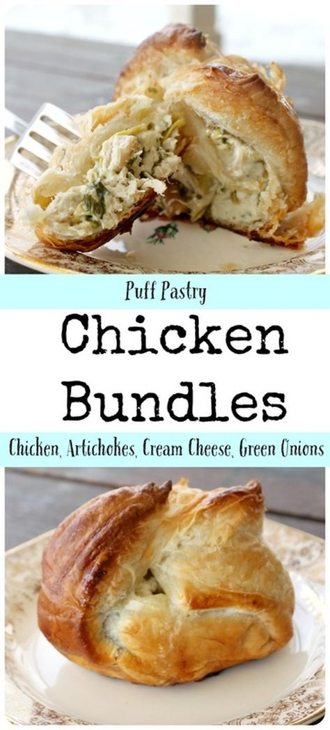 Chicken Bundles - Bushel & A Peck Puff Pastry Recipes Dinner, Chicken Bundles, Puff Pastry Chicken, Puff Pastry Filling, Artichoke Chicken, Chicken Entrees, Chicken Main Dishes, Puff Pastry Recipes, Chicken Pot