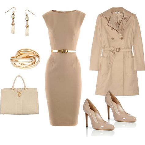 Nude, beige, cream... oh, and gold :), created by antida1 on Polyvore lovin the trench coat Work Closet, Mommy Makeover, Moda Chic, Professional Attire, London Street, Work Wardrobe, Komplette Outfits, Cream Dress, Work Attire