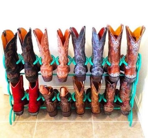 Teal Horseshoe Boot Rack (8 Pair) Horseshoe Boot Rack, Boot Organization, Ranch House Decor, Horseshoe Projects, Light Bulb Ornaments, Boot Rack, Boot Storage, Horseshoe Crafts, Rustic Crafts