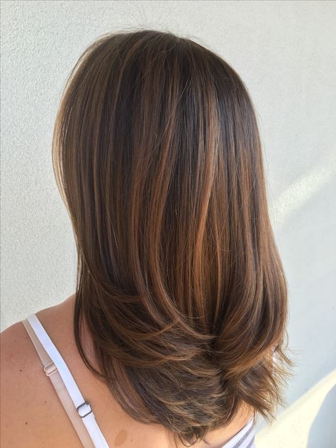 Blair Hair Color, Straight Caramel Balayage, Dark Hair Inspiration Medium, Sunkissed Bronde Balayage, Brunette Partial Highlights Caramel, Full Highlights For Dark Hair Caramel, Midlength Balayage Hair, Natural Highlights For Brown Hair Straight, Caramel Balayage Brunette Straight