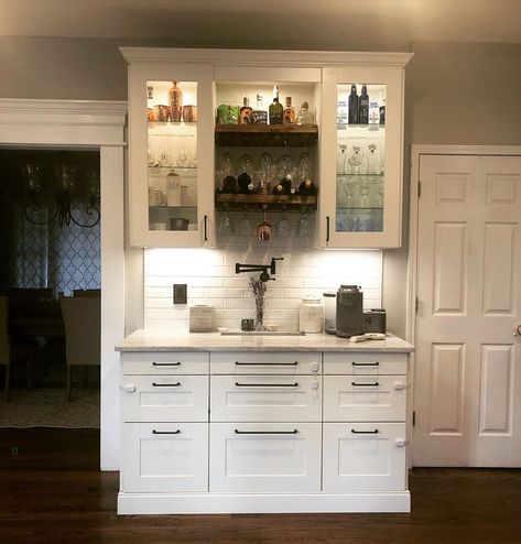 Pot Filler Coffee Station, Pantry Coffee Bar Built Ins, Coffee Station With Pot Filler, Coffee Bar Pot Filler, Coffee Bar With Water Dispenser, Coffee Bar With Pot Filler, Ikea Wine Bar, Wine Station Ideas, Wine Coffee Bar Ideas