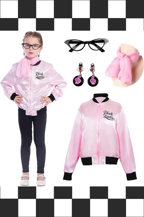 Sincere Party Pink Ladies Grease Jacket Back to the 50s Grease Costume for Girls w/ Glasses, Scarf, Earrings
~~ CLICK THE LINK FOR SIZED ~~ 50s Dress Up, 1950s Boys, Pink Lady Costume, Cat Girl Costume, Pink Ladies Grease, Grease Costume, Pink Ladies Jacket, Neck Scarfs, 1950s Girls