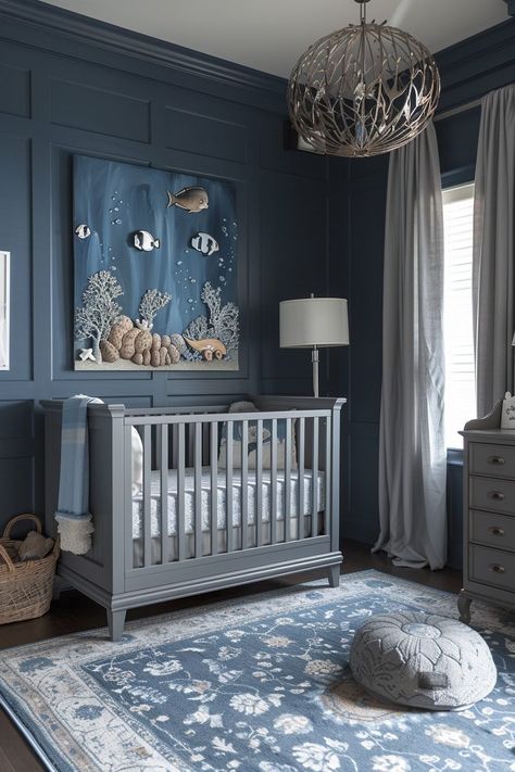 29 Coastal Nursery Ideas to Transform Your Baby's Room Coastal Nursery Ideas, Baby Boy Blue Nursery, Blue Green Nursery, Woodlawn Blue, Teal Nursery, Blue Nursery Boy, Blue Crib, Coastal Nursery, Whale Theme